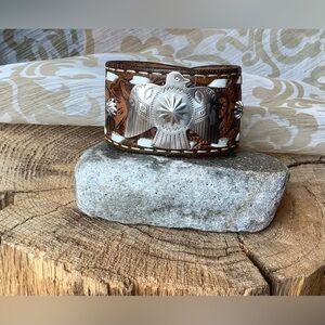 Leather Cuff Bracelet with Thunderbird, up to 6’”wrist